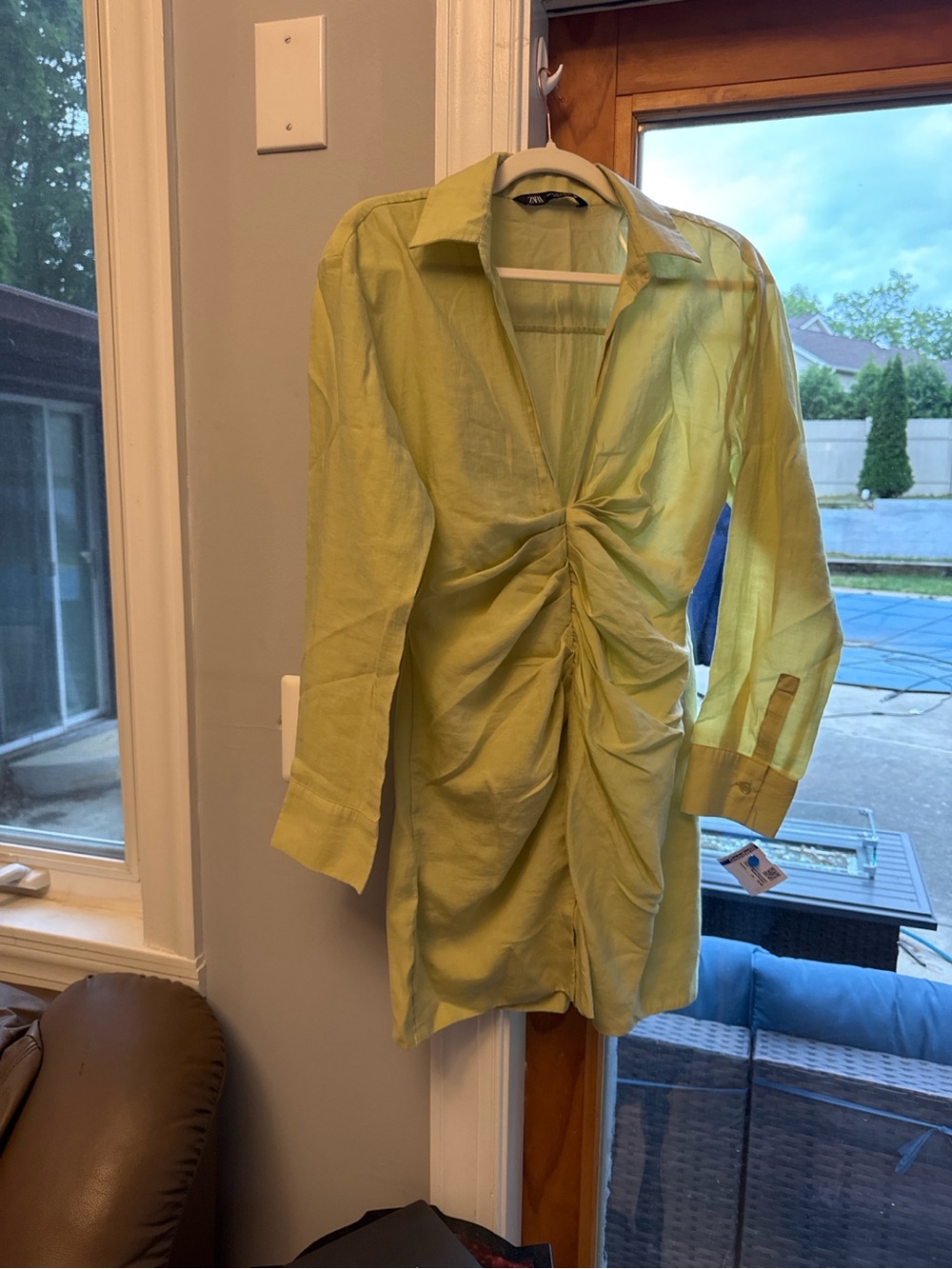 Zara Lime Green Ruched Button-Down Shirt Dress